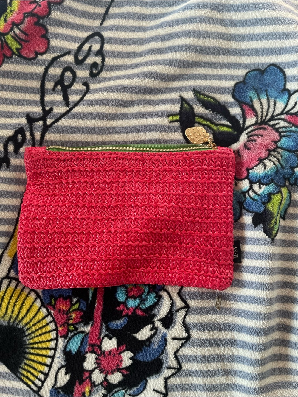ipsy Hot Pink Woven Zip Cosmetic Pouch with Gold Zip Charm